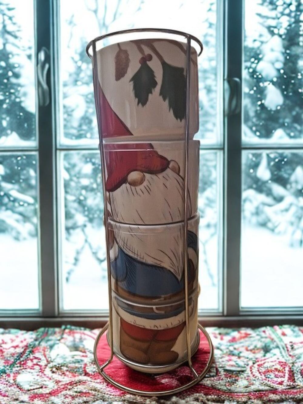 Gnome Christmas holiday stacking mug set w/wire rack 4pc Coffee Tea Mug I CP
